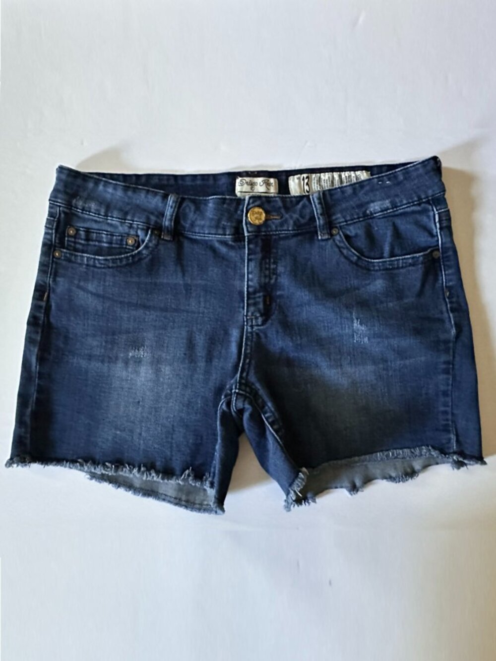 Indigo Rein Denim Shorts 13 Dark Wash Distressed Cutoff Raw Hem Stretch